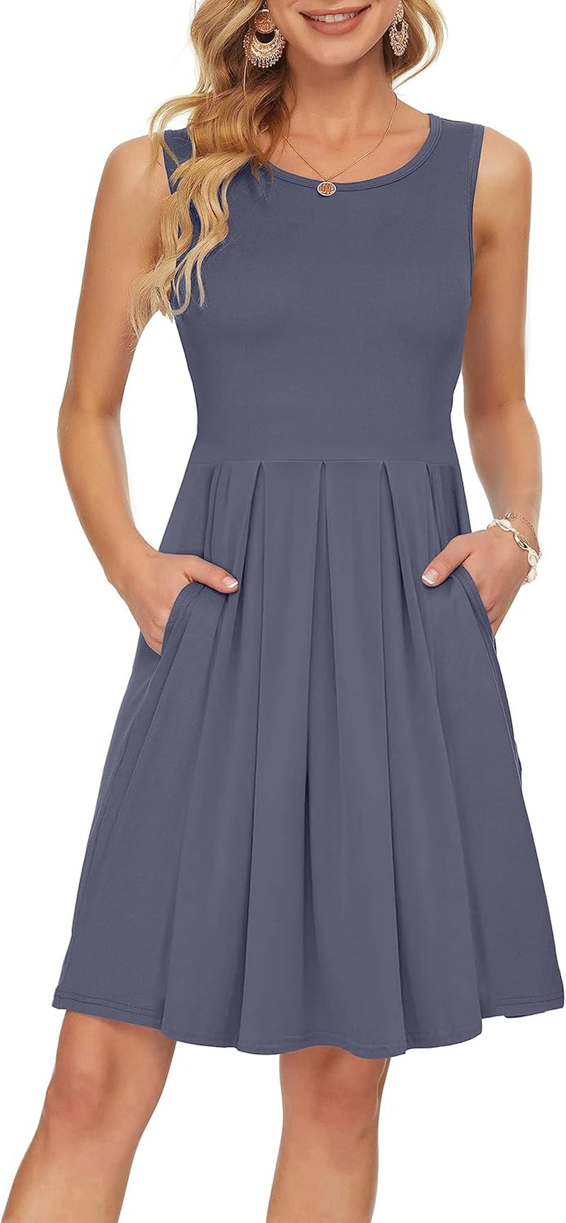 Women'S Sleeveless Dresses for Women 2025 Pleated Loose Swing Knee Length Dress with Pockets