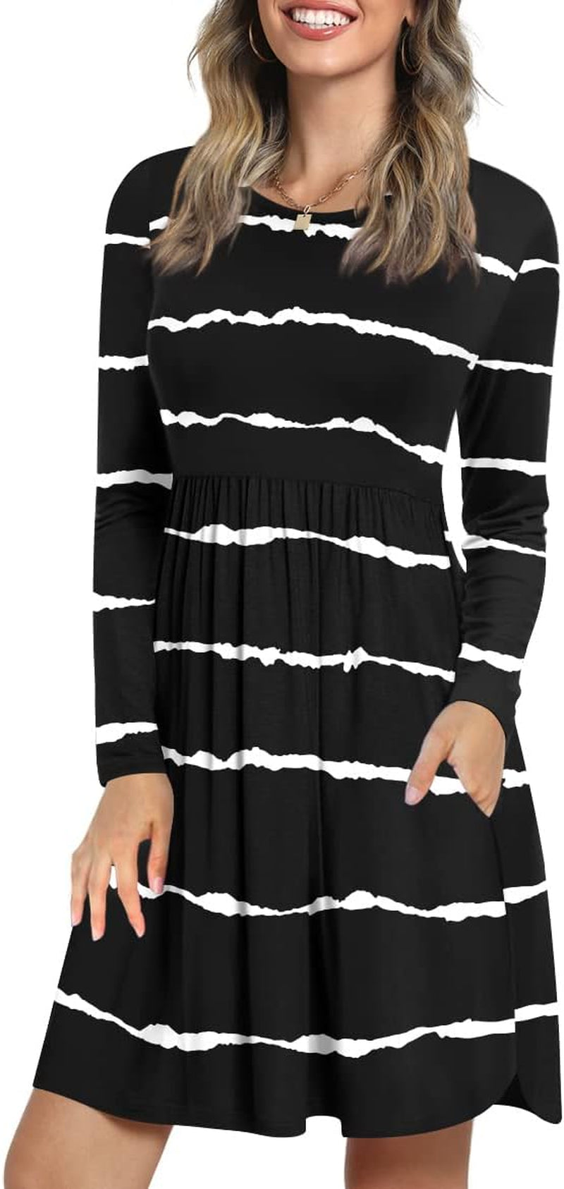 Womens Long Sleeve Dresses Casual Loose Fit Swing Dress Hide Belly with Pockets