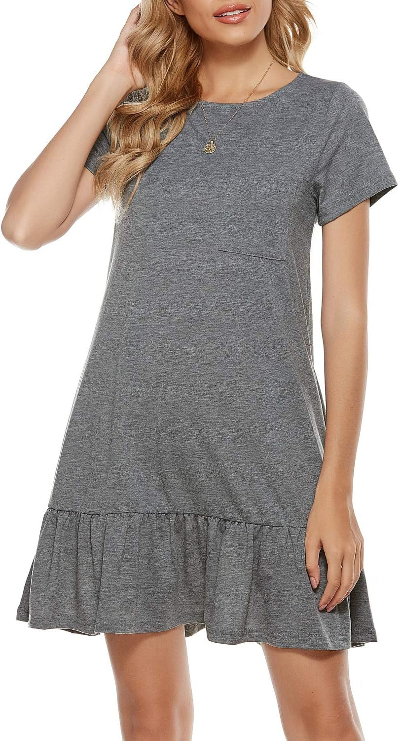 Women'S Summer Dresses Short Sleeve round Neck Loose Tunic Ruffle Hem Casual T-Shirt Dress with Pockets (M, 6148-Grey)