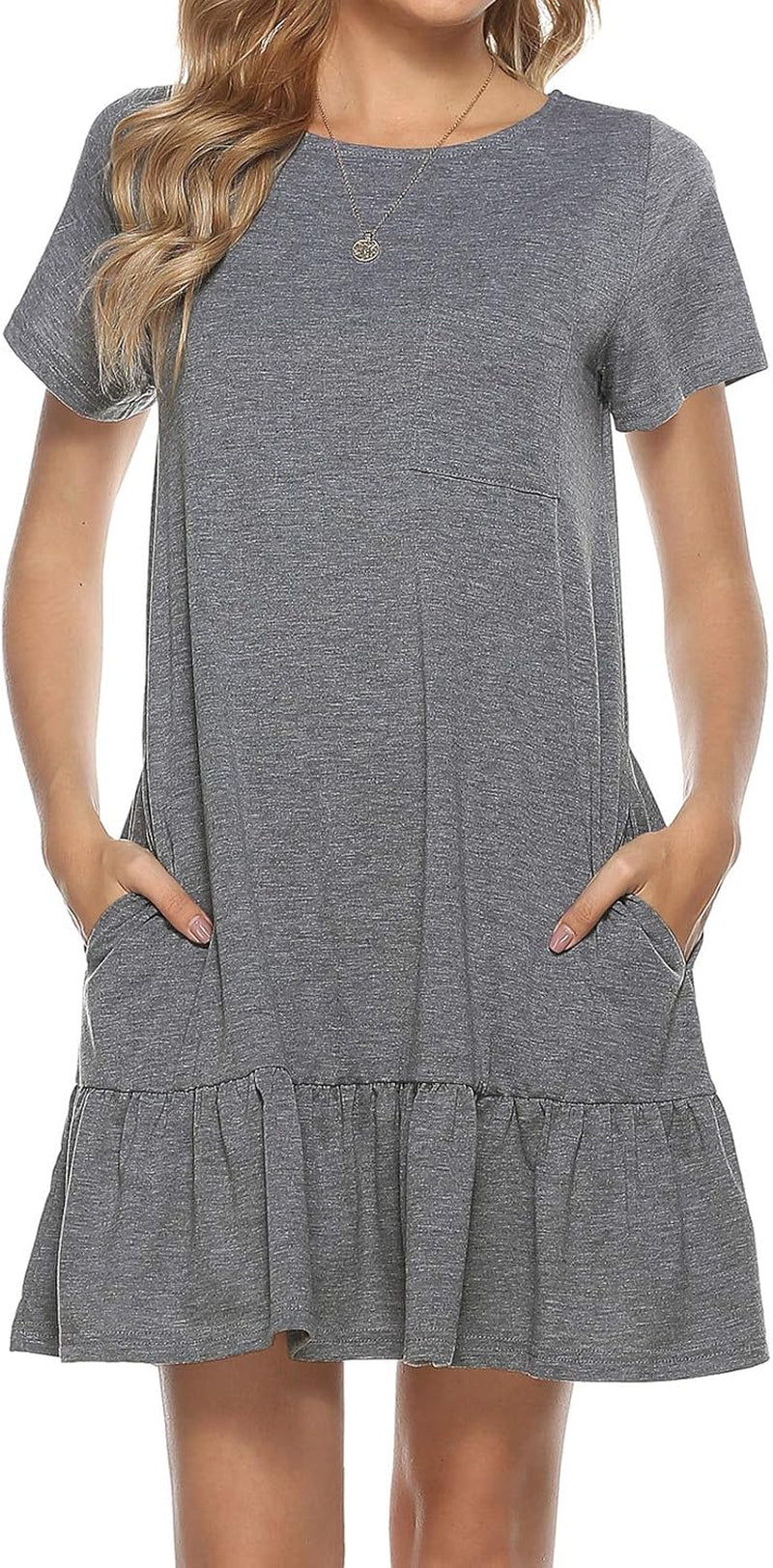 Women'S Summer Dresses Short Sleeve round Neck Loose Tunic Ruffle Hem Casual T-Shirt Dress with Pockets (M, 6148-Grey)