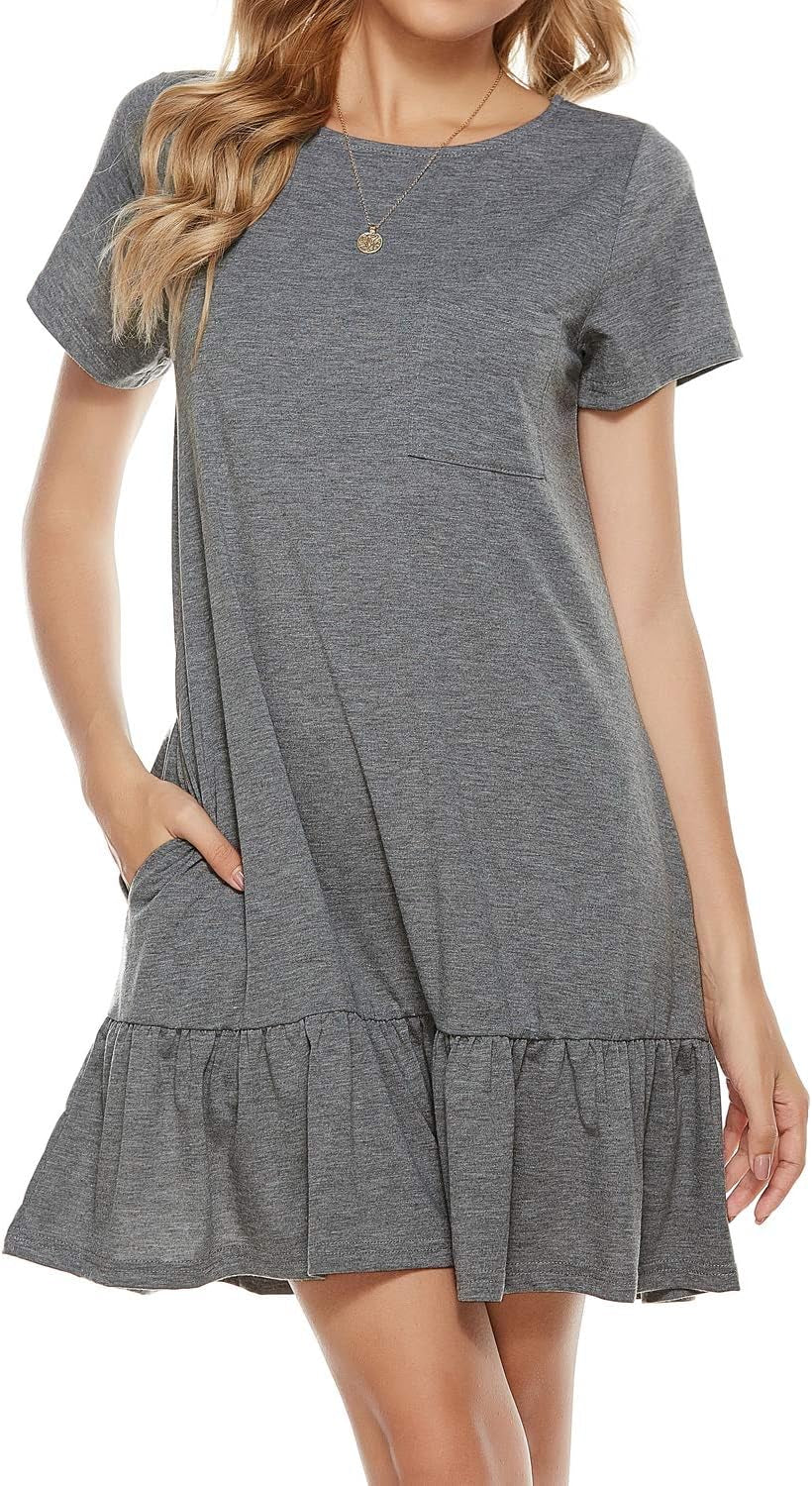 Women'S Summer Dresses Short Sleeve round Neck Loose Tunic Ruffle Hem Casual T-Shirt Dress with Pockets (M, 6148-Grey)