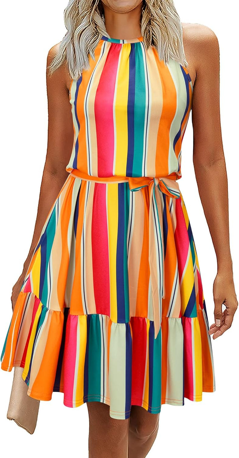 Womens 2025 Summer Dress Halter Wedding Guest Casual Beach Vacation Outfits Belted Sundresses with Pockets