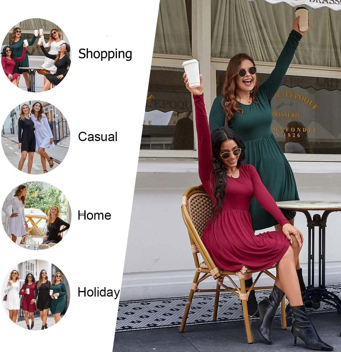Womens Long Sleeve Dresses Casual Loose Fit Swing Dress Hide Belly with Pockets