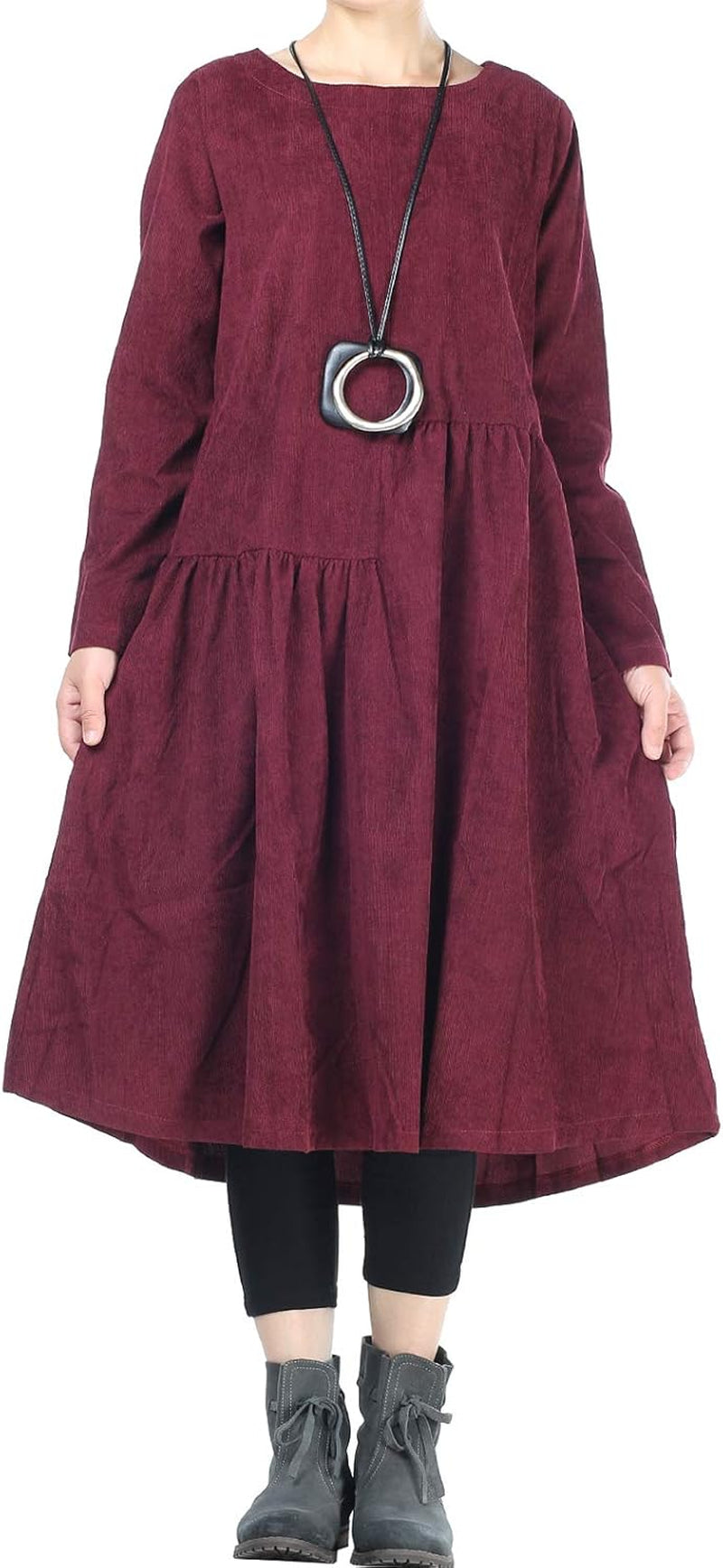 Women’S Corduroy Pleated Dresses Swing Long Sleeve Dress with Pockets (XL Burdundy)