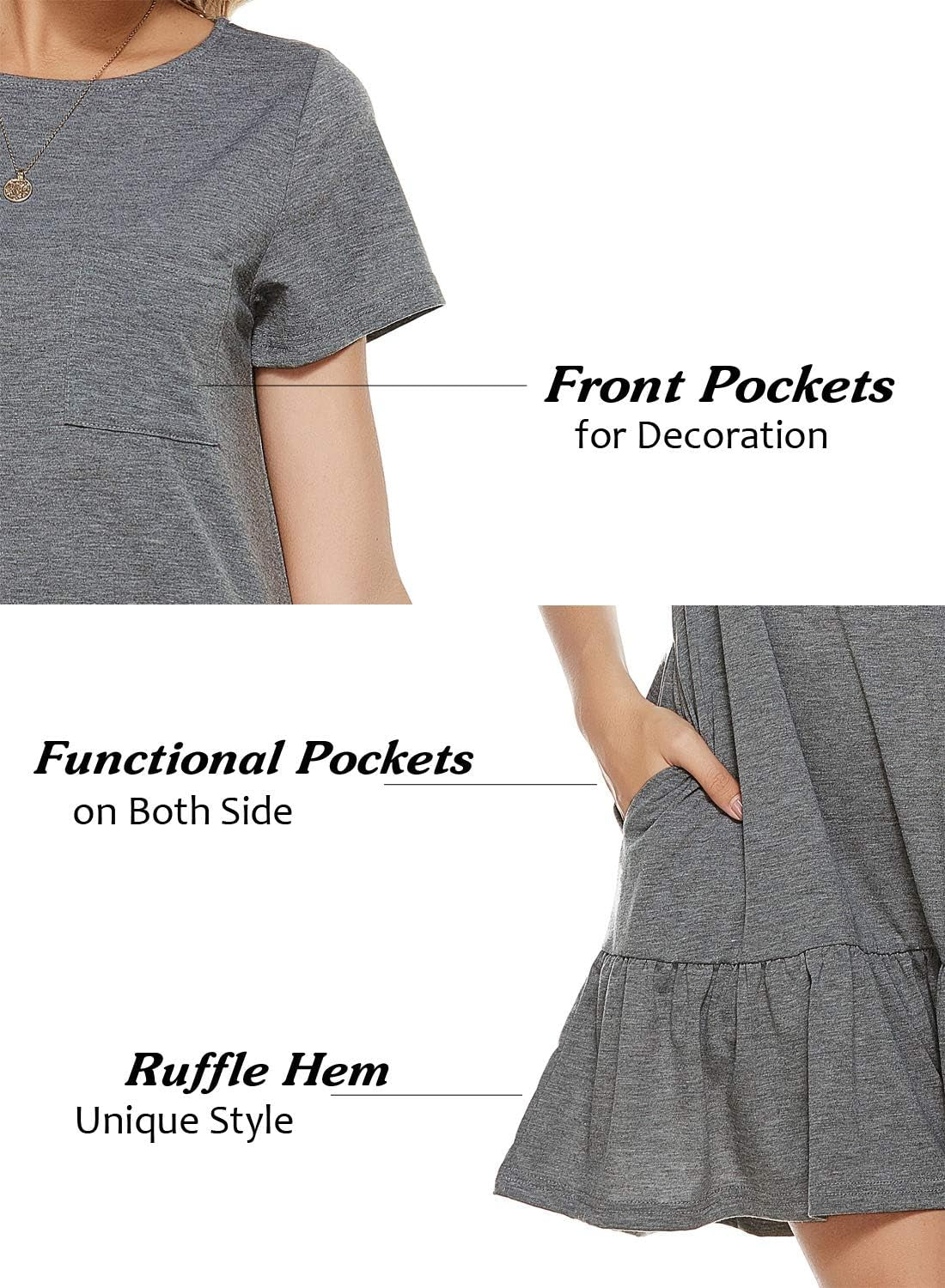 Women'S Summer Dresses Short Sleeve round Neck Loose Tunic Ruffle Hem Casual T-Shirt Dress with Pockets (M, 6148-Grey)