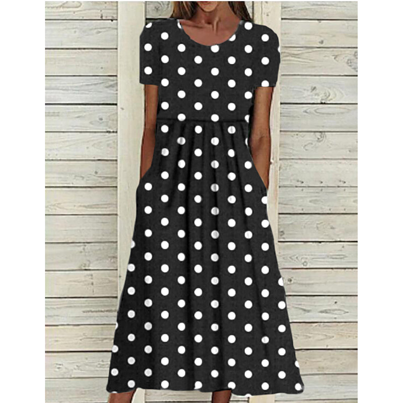 Women'S Summer Short Sleeve Polka Dot Print Long Dresses Casual Beach Sundress with Pockets