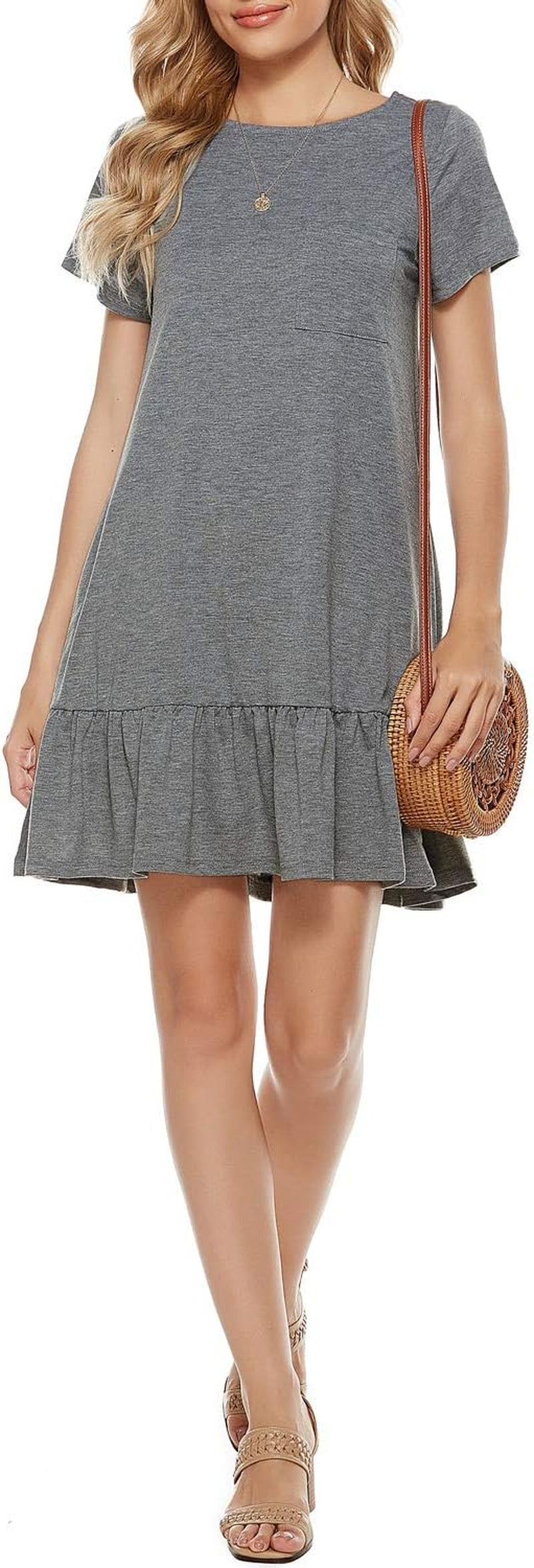 Women'S Summer Dresses Short Sleeve round Neck Loose Tunic Ruffle Hem Casual T-Shirt Dress with Pockets (M, 6148-Grey)
