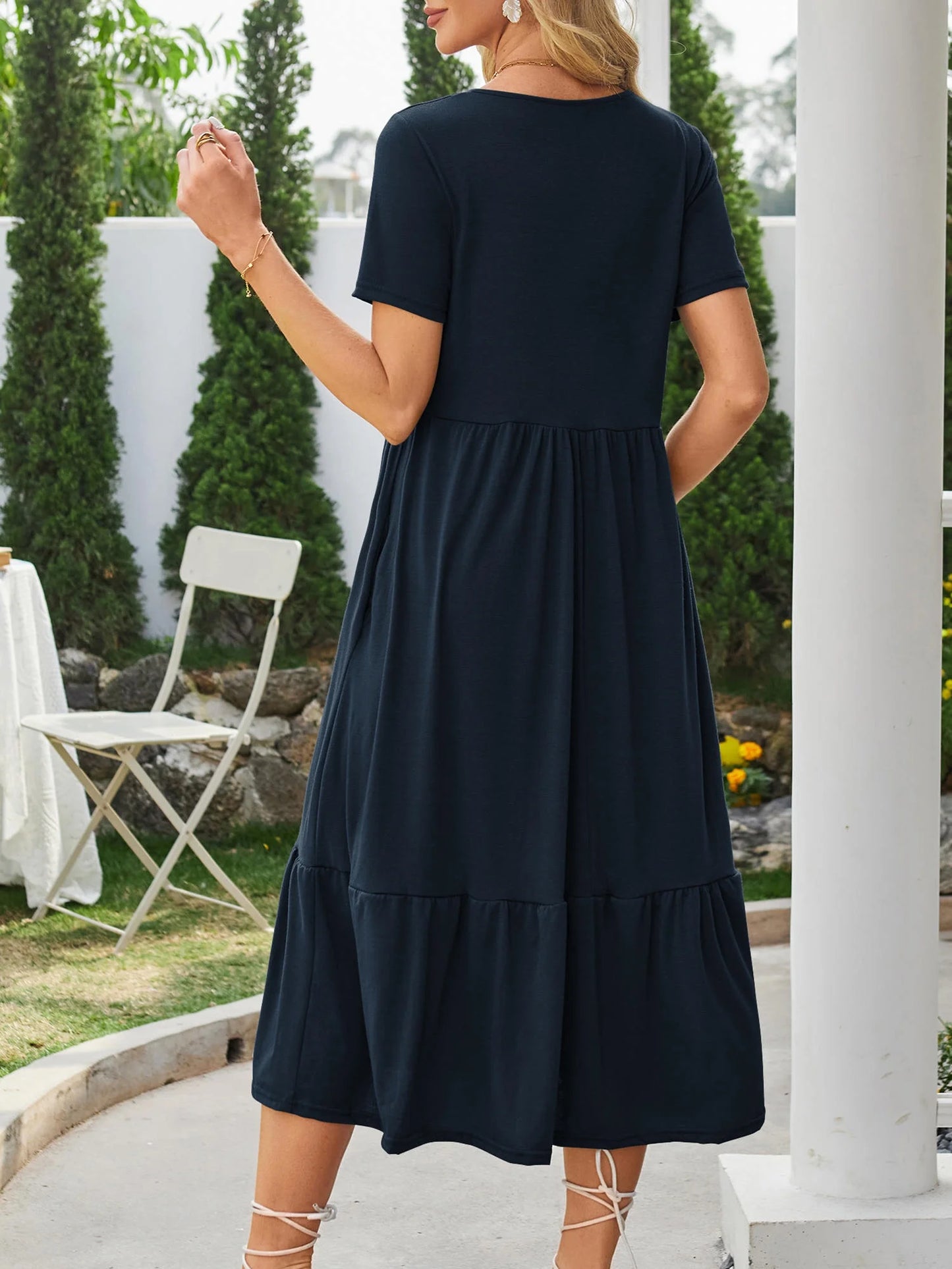 Women Summer Dresses Crewneck Short Sleeve Flowy Dress with Pockets Navy XL