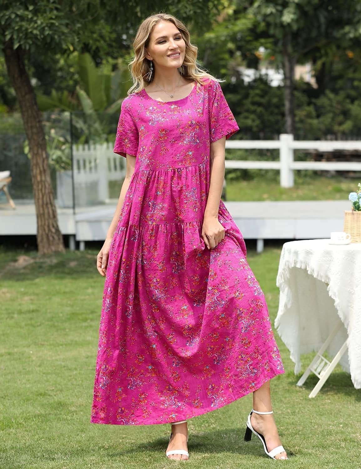 Women Casual Loose Bohemian Floral Dress with Pockets Short Sleeve Long Maxi Summer Beach Swing Dress EJF