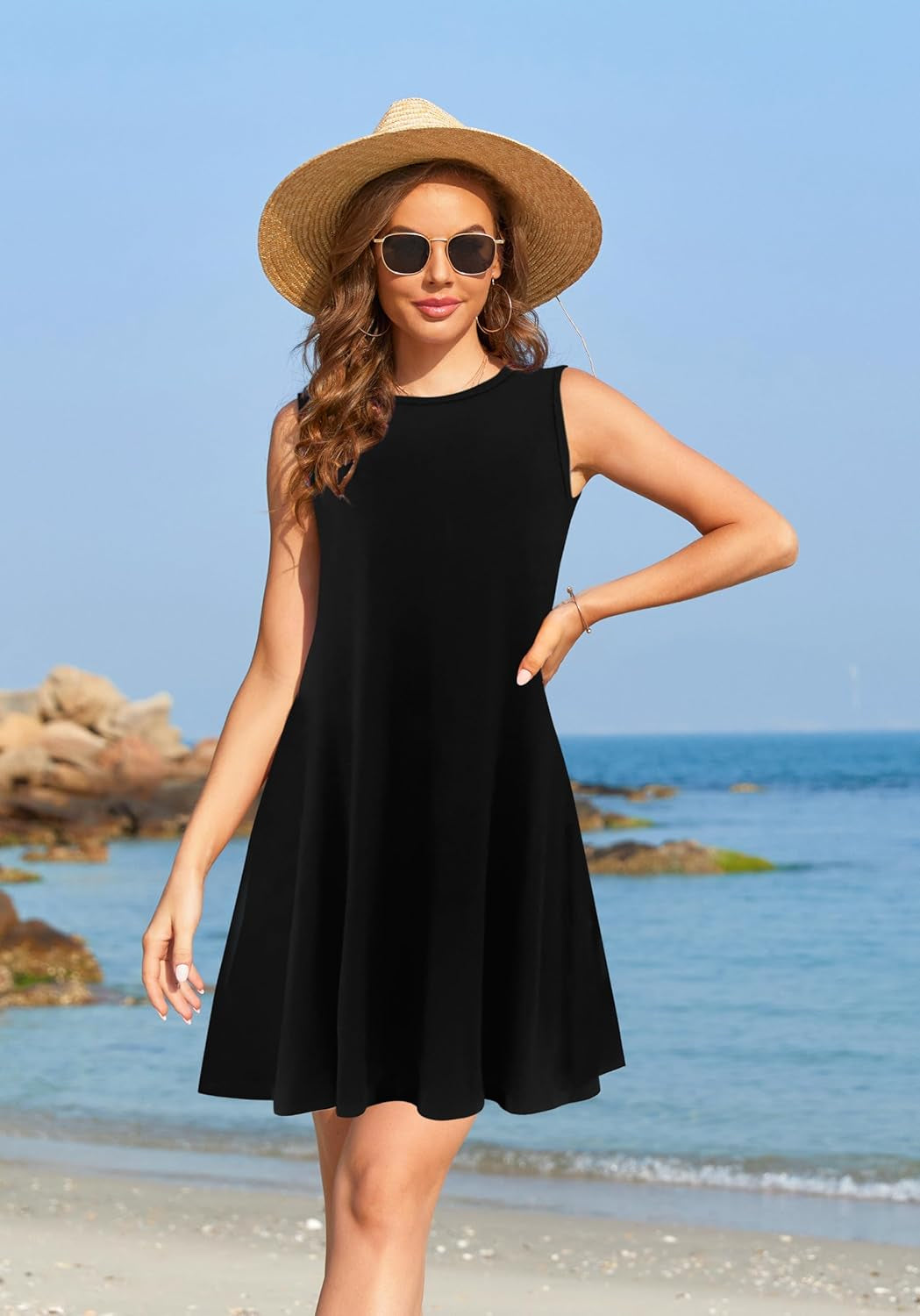 Summer Dresses for Women 2025 Casual Sundresses Beach Cover Ups Sleeveless Tshirt Swing Dress with Pockets