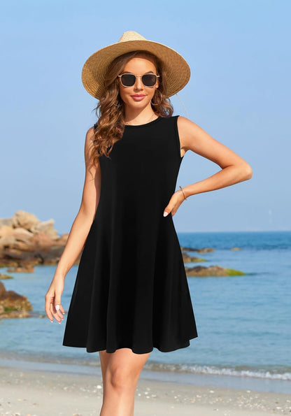 Summer Dresses for Women 2025 Casual Sundresses Beach Cover Ups Sleeveless Tshirt Swing Dress with Pockets