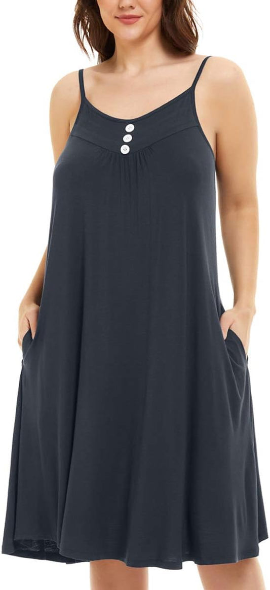 Women'S Full Slip Sleeveless plus Size Sleepwear Night Dress V Neck Button Nightshirts with Pockets