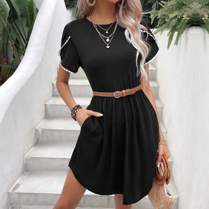 Perfee round Neck Petal Sleeve Dress with Pockets