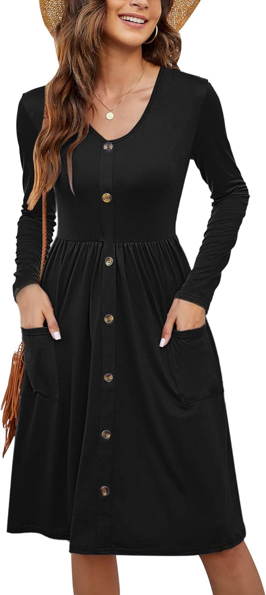 Women'S Casual Long Sleeve Dresses Empire Waist Loose Dress with Pockets (Large, 0 Black)