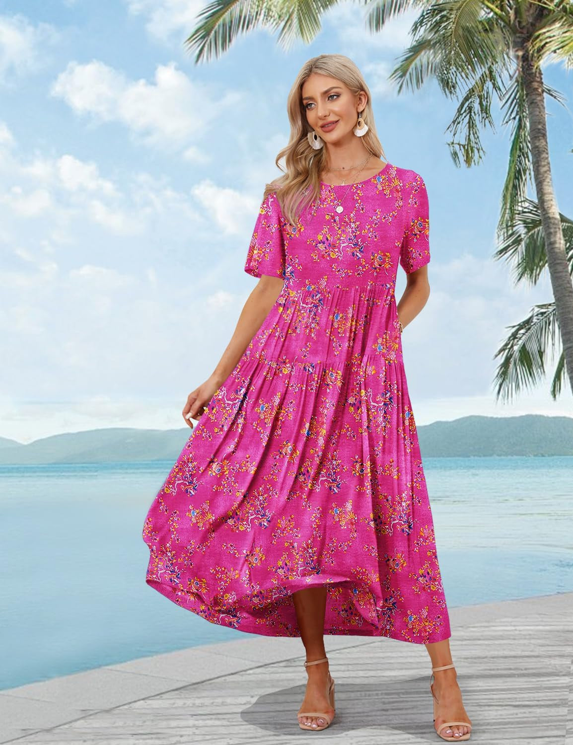 Women Casual Loose Bohemian Floral Dress with Pockets Short Sleeve Long Maxi Summer Beach Swing Dress EJF