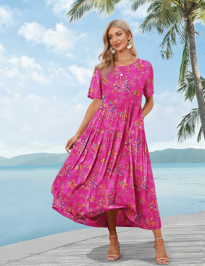 Women Casual Loose Bohemian Floral Dress with Pockets Short Sleeve Long Maxi Summer Beach Swing Dress EJF