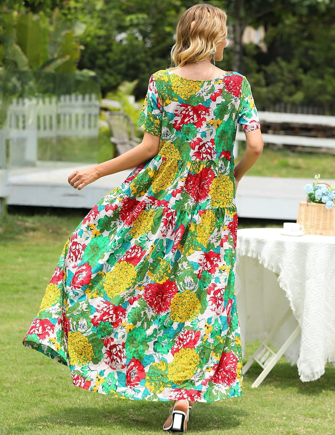 Women Casual Loose Bohemian Floral Dress with Pockets Short Sleeve Long Maxi Summer Beach Swing Dress (S EJF CR10)