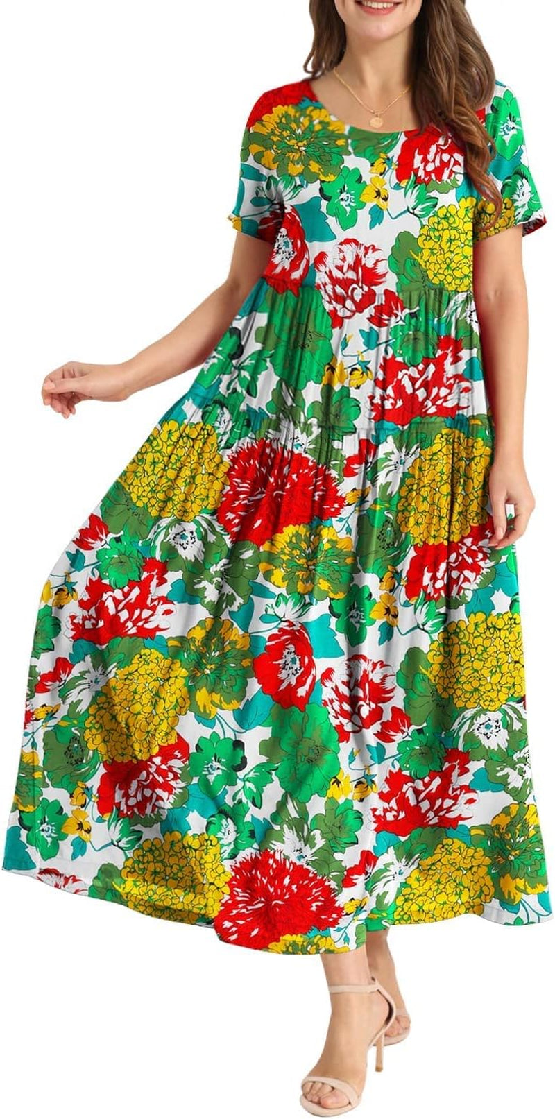 Women Casual Loose Bohemian Floral Dress with Pockets Short Sleeve Long Maxi Summer Beach Swing Dress (S EJF CR10)