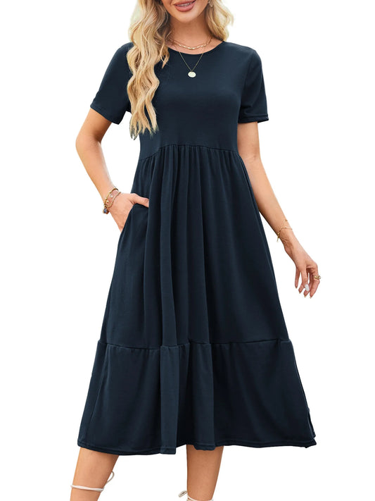 Women Summer Dresses Crewneck Short Sleeve Flowy Dress with Pockets Navy XL
