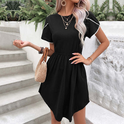Perfee round Neck Petal Sleeve Dress with Pockets