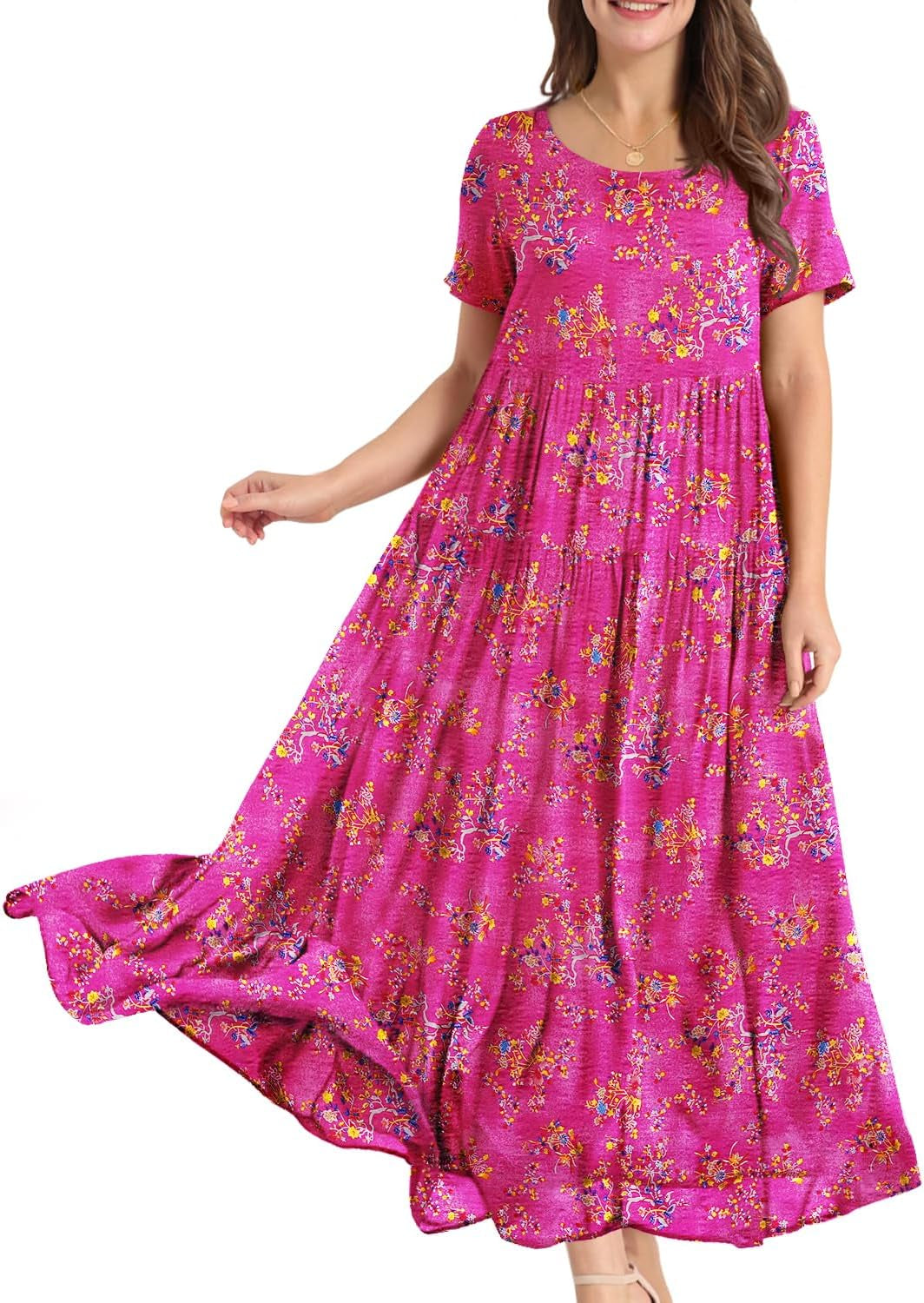 Women Casual Loose Bohemian Floral Dress with Pockets Short Sleeve Long Maxi Summer Beach Swing Dress EJF