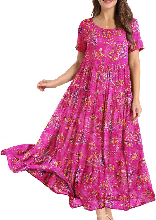 Women Casual Loose Bohemian Floral Dress with Pockets Short Sleeve Long Maxi Summer Beach Swing Dress EJF