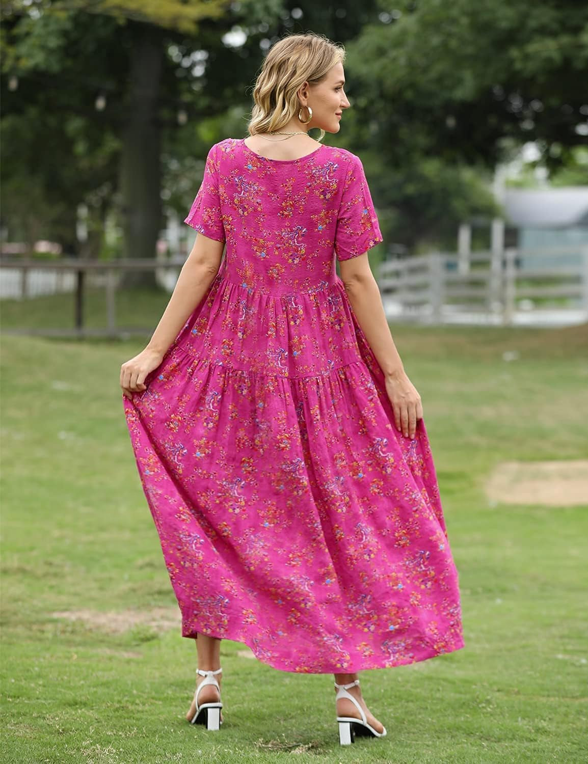 Women Casual Loose Bohemian Floral Dress with Pockets Short Sleeve Long Maxi Summer Beach Swing Dress EJF