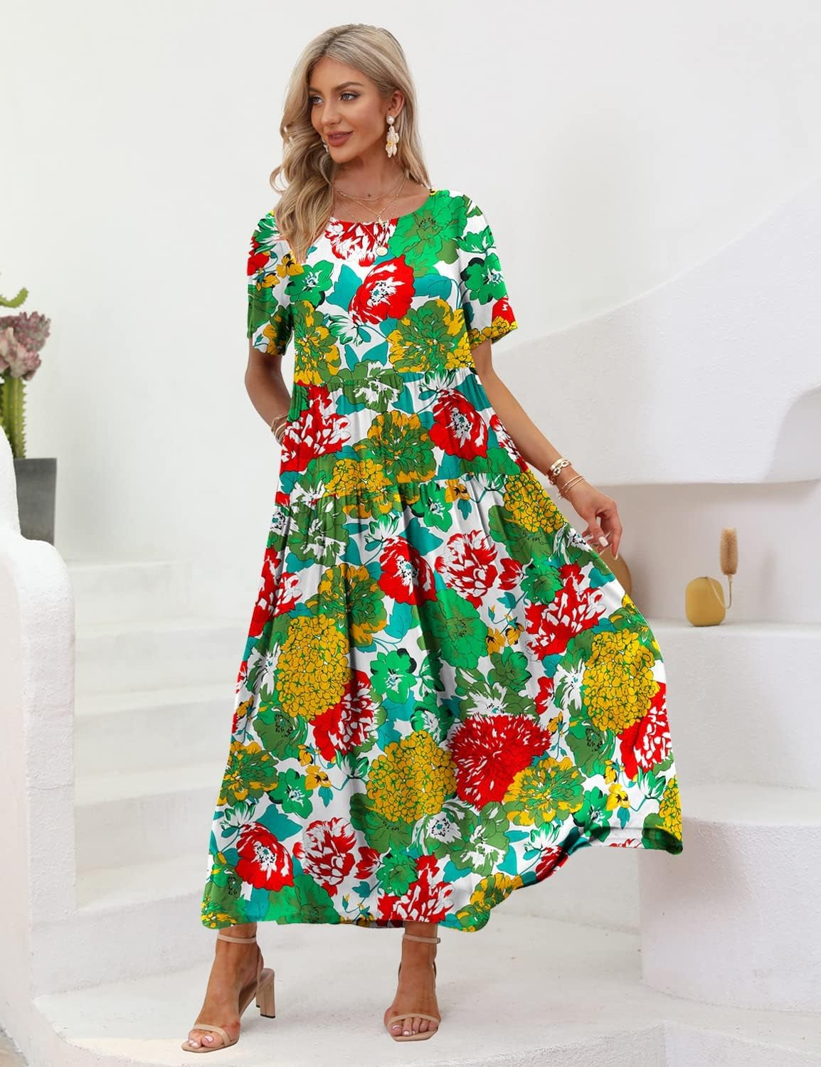 Women Casual Loose Bohemian Floral Dress with Pockets Short Sleeve Long Maxi Summer Beach Swing Dress (S EJF CR10)