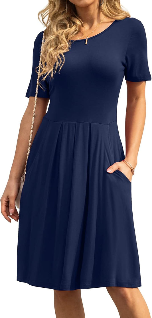 Women'S Casual Flowy Pleated Loose Dresses with Pockets