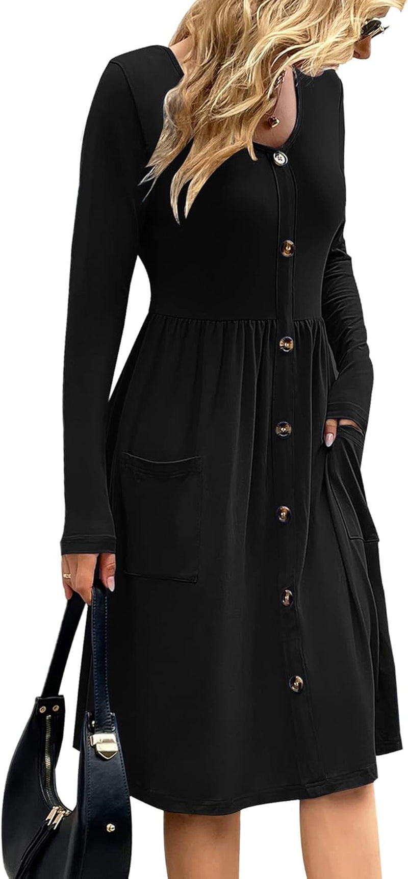 Women'S Casual Long Sleeve Dresses Empire Waist Loose Dress with Pockets (Large, 0 Black)