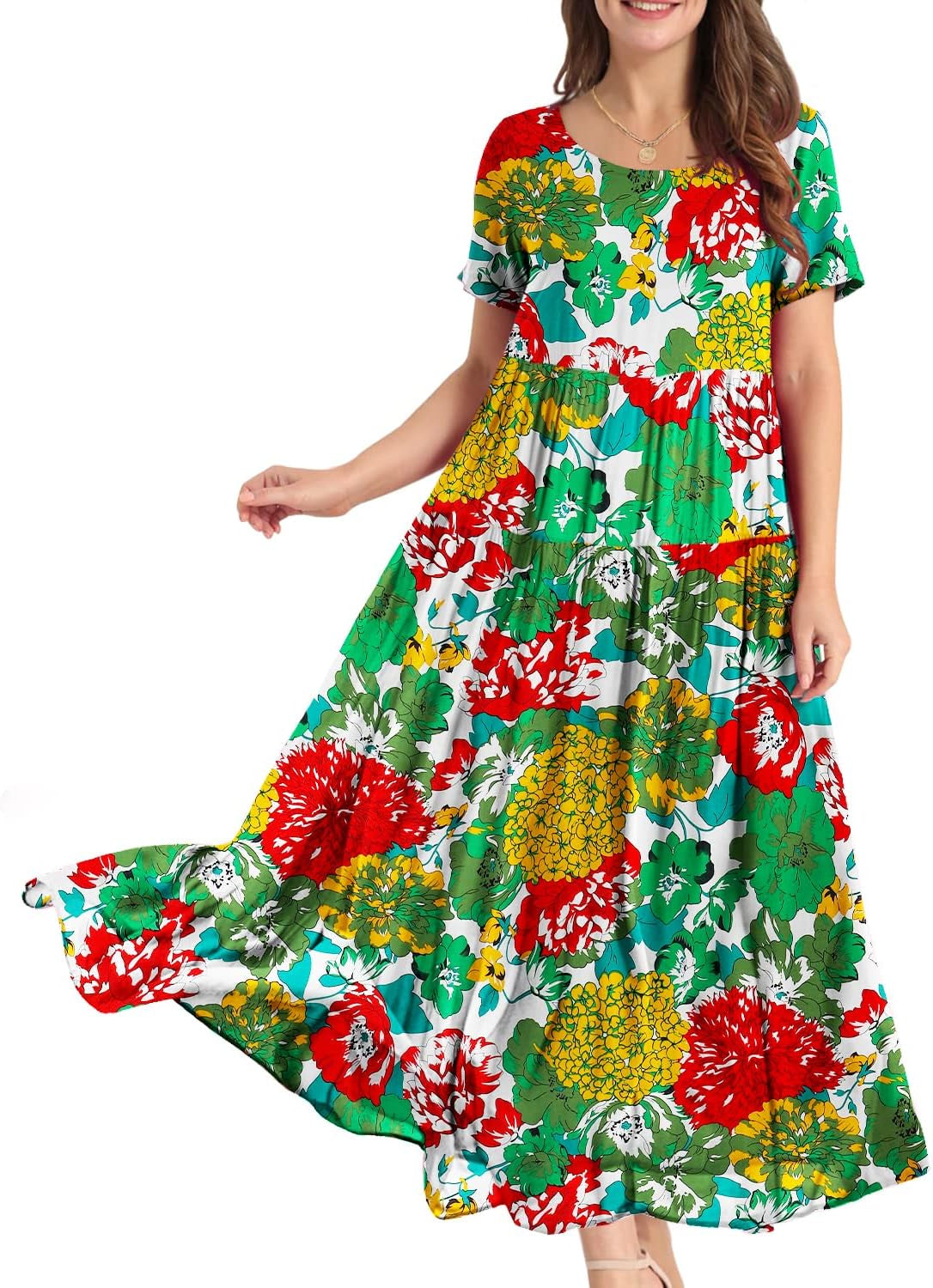 Women Casual Loose Bohemian Floral Dress with Pockets Short Sleeve Long Maxi Summer Beach Swing Dress (S EJF CR10)