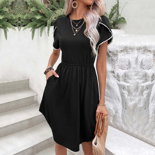 Perfee round Neck Petal Sleeve Dress with Pockets