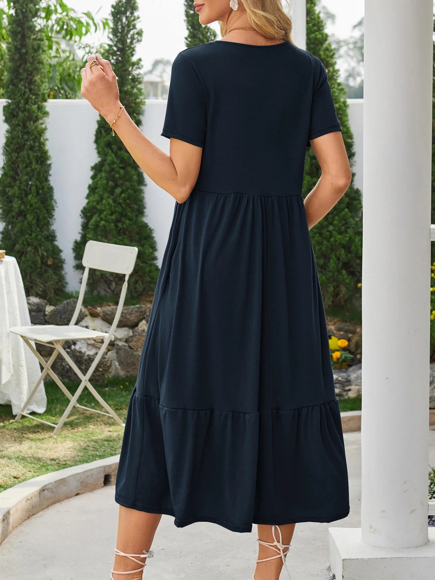 Women Summer Dresses Crewneck Short Sleeve Flowy Dress with Pockets Navy XL